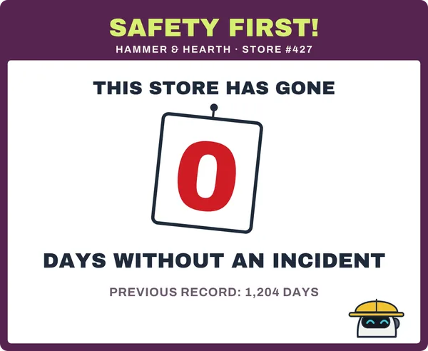 In-store safety poster: This store has gone 0 days without an incident. Previous record: 1,204 days.