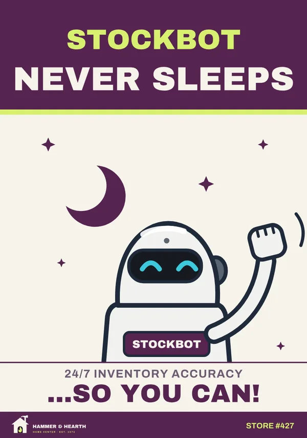 Poster: STOCKBOT never sleeps. 24/7 inventory accuracy ...so you can!